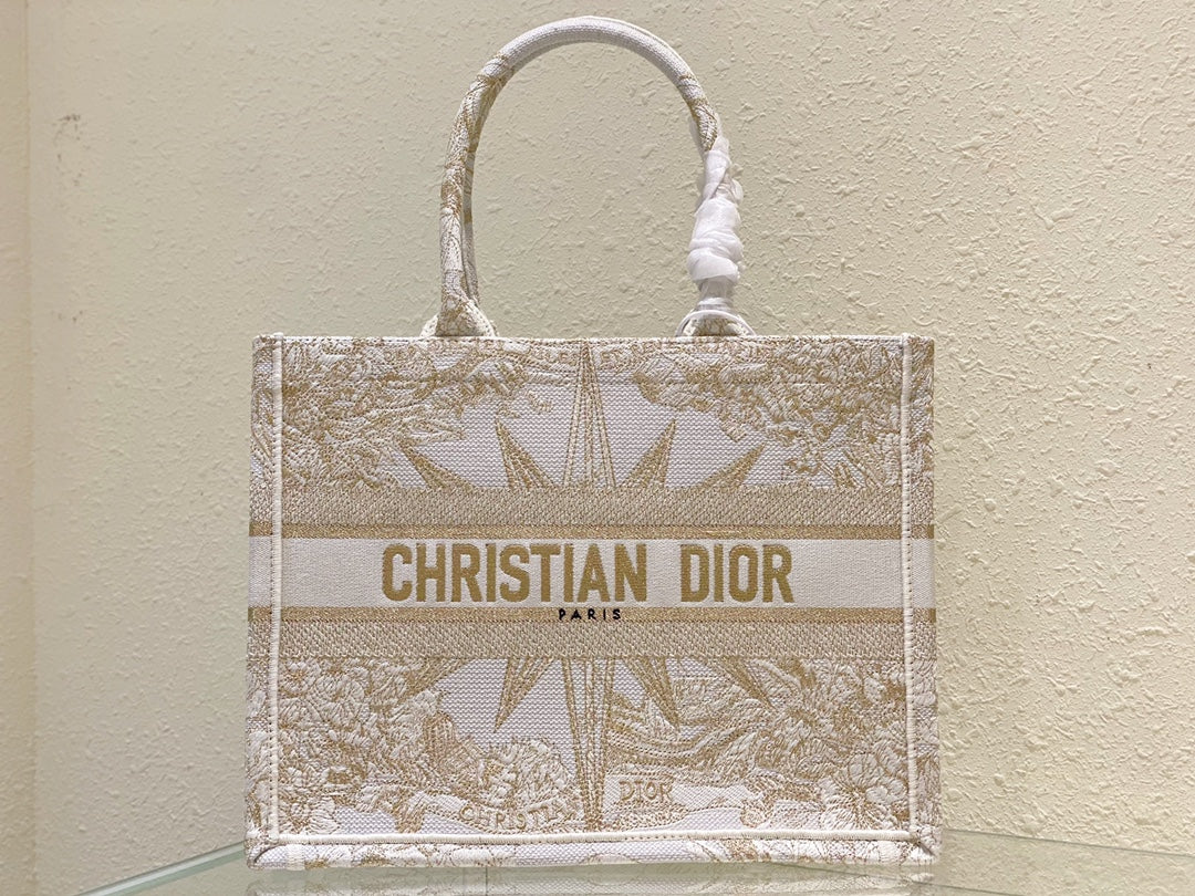 Dior Beige Embroidered Star Canvas Tote Bag Classic Luxury Top-Handle Handbag