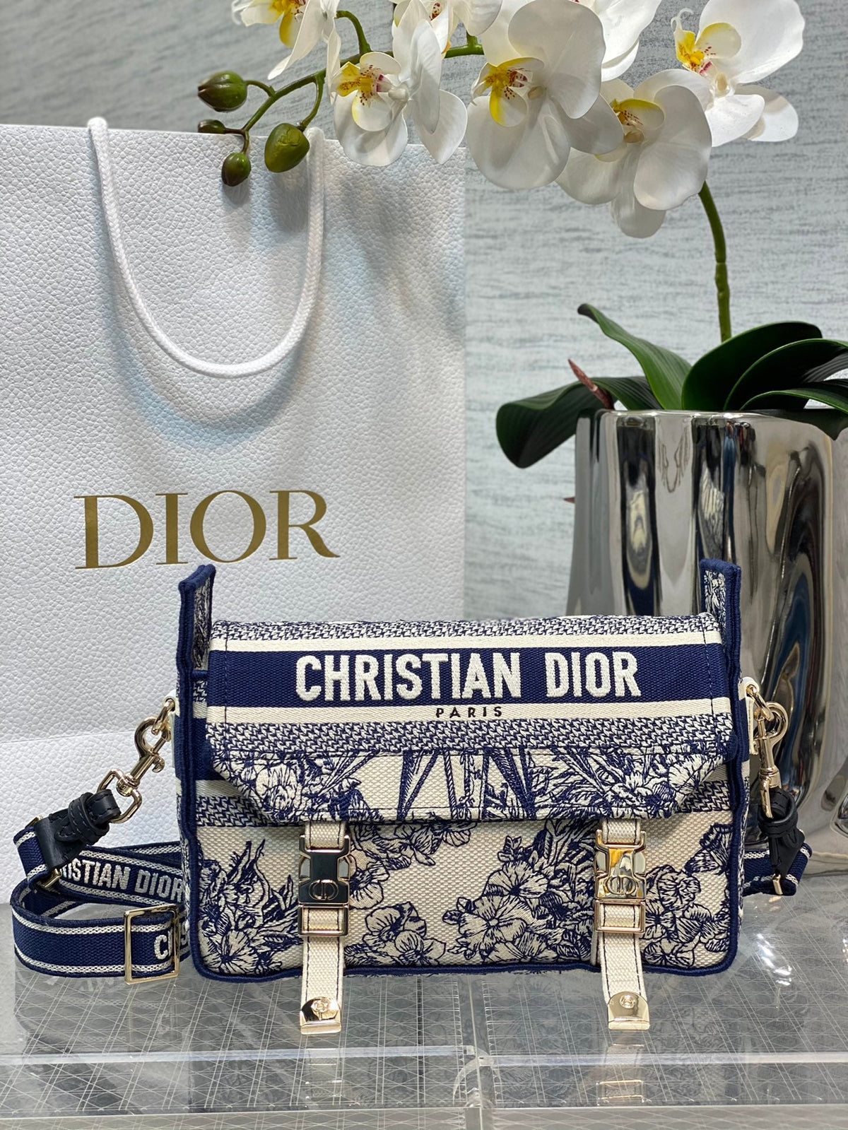 Dior Blue and White Floral Toile Embroidered Canvas Shoulder Bag with Strap