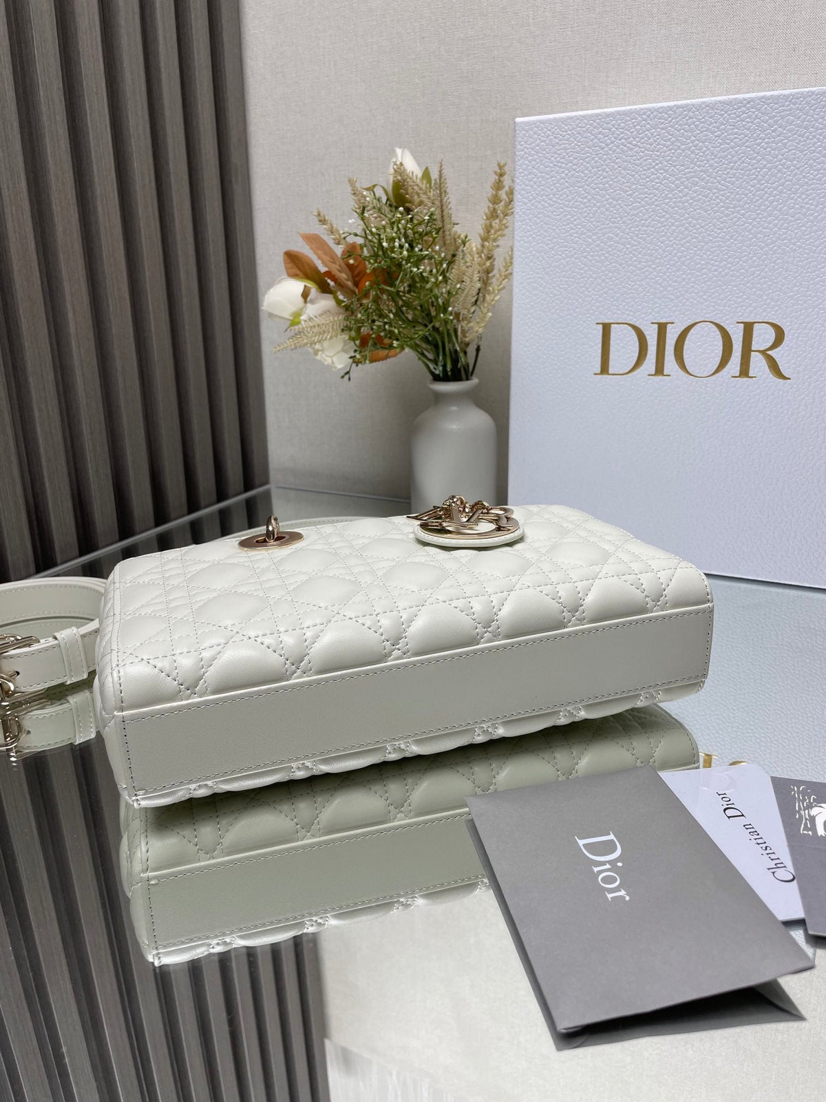 Dior Elegant White Quilted Leather Top Handle Bag with Gold Chain Strap