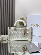 Dior Elegant White Quilted Leather Top Handle Bag with Gold Chain Strap