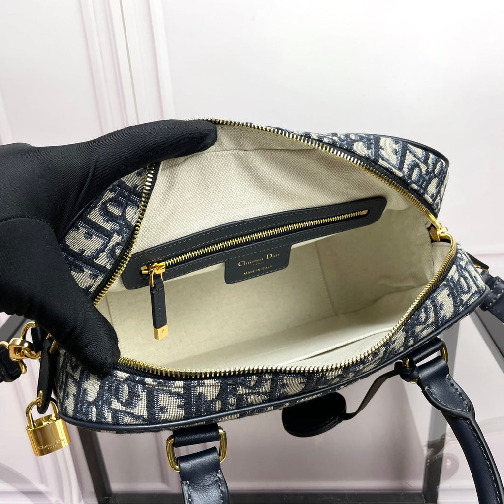 Dior Classic Navy Blue Monogram Canvas Satchel Bag with Top Handles