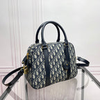 Dior Classic Navy Blue Monogram Canvas Satchel Bag with Top Handles