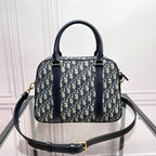 Dior Classic Navy Blue Monogram Canvas Satchel Bag with Top Handles