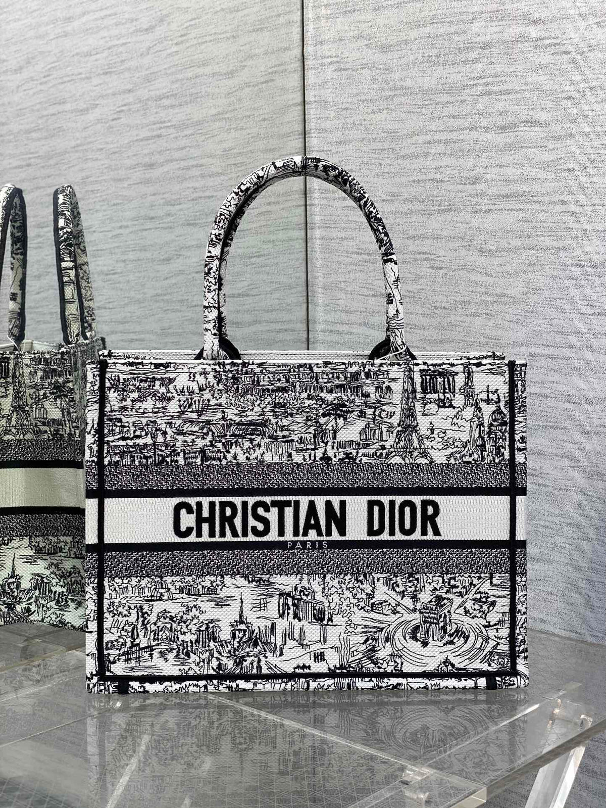 Dior Paris Plan Map Print Canvas Tote Bag Black and White Shoulder Handbag
