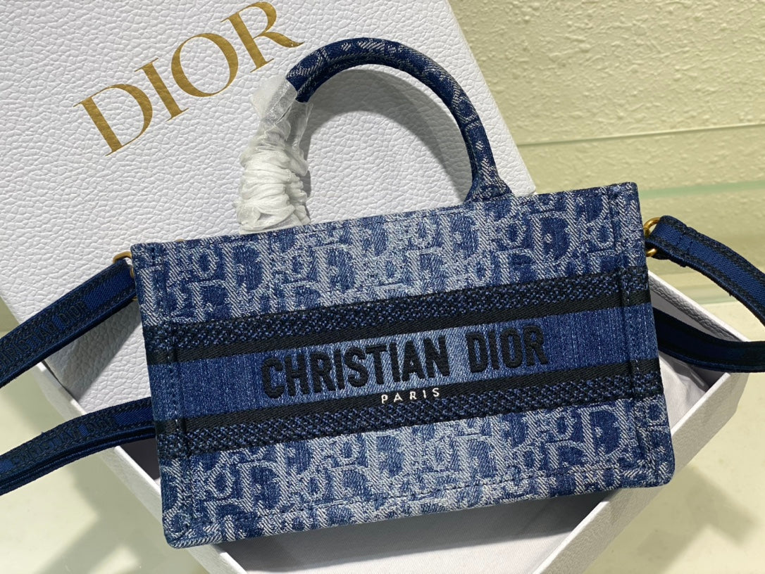 Dior Blue Monogram Canvas Mini Tote Bag with Shoulder Strap