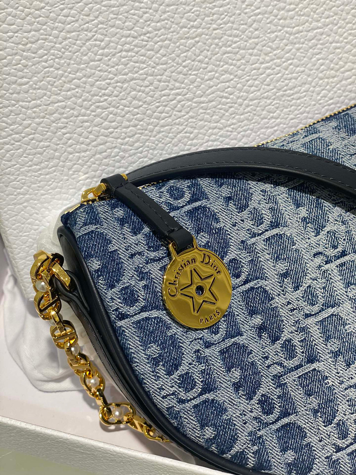 Dior Blue Monogram Jacquard Half-Moon Shoulder Bag with Gold Chain