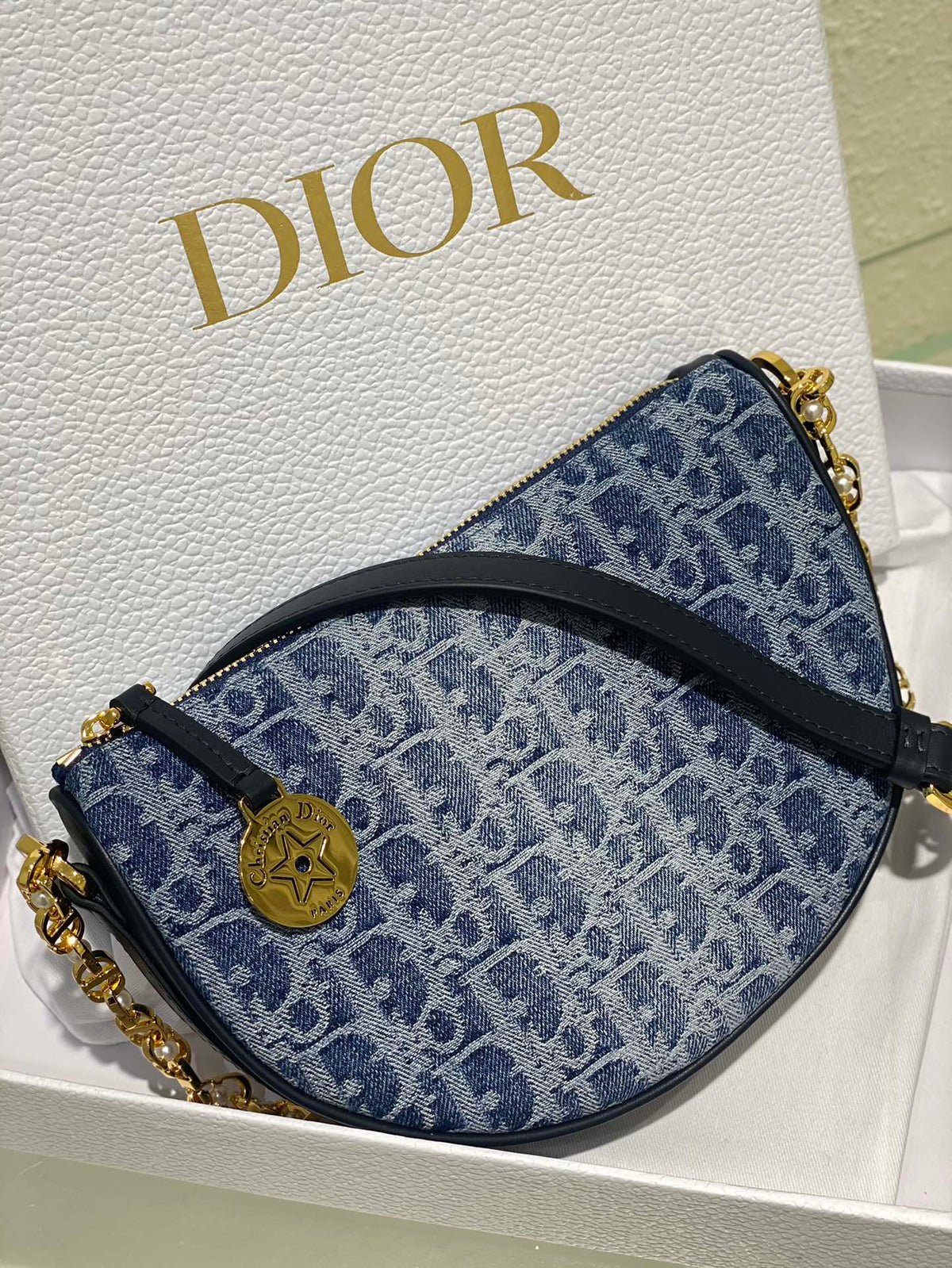 Dior Blue Monogram Jacquard Half-Moon Shoulder Bag with Gold Chain