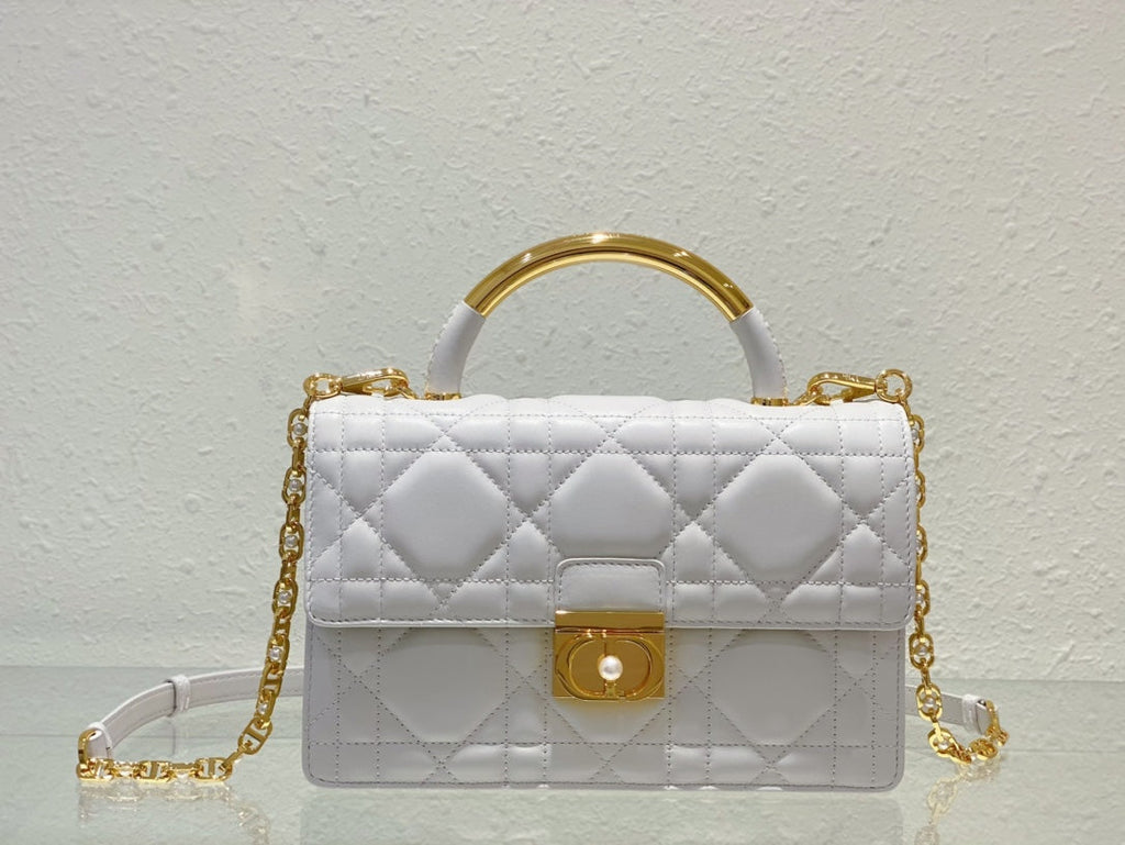 Dior Elegant White Quilted Leather Handbag with Gold Chain Strap