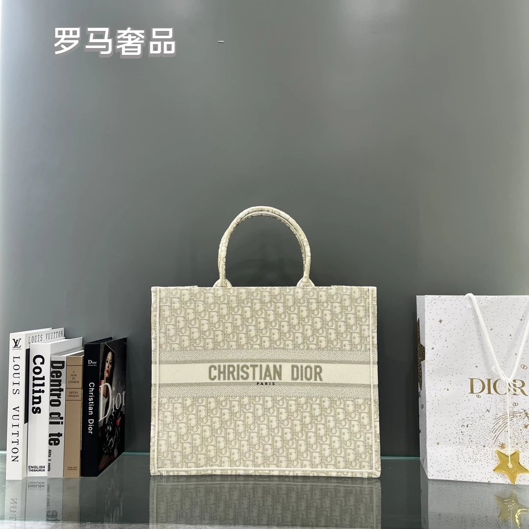 Dior Classic Monogram Canvas Tote Bag Elegant Top Handle Shoulder Handbag