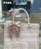 Dior Pink and Beige Floral Embroidered Top Handle Canvas Tote Bag