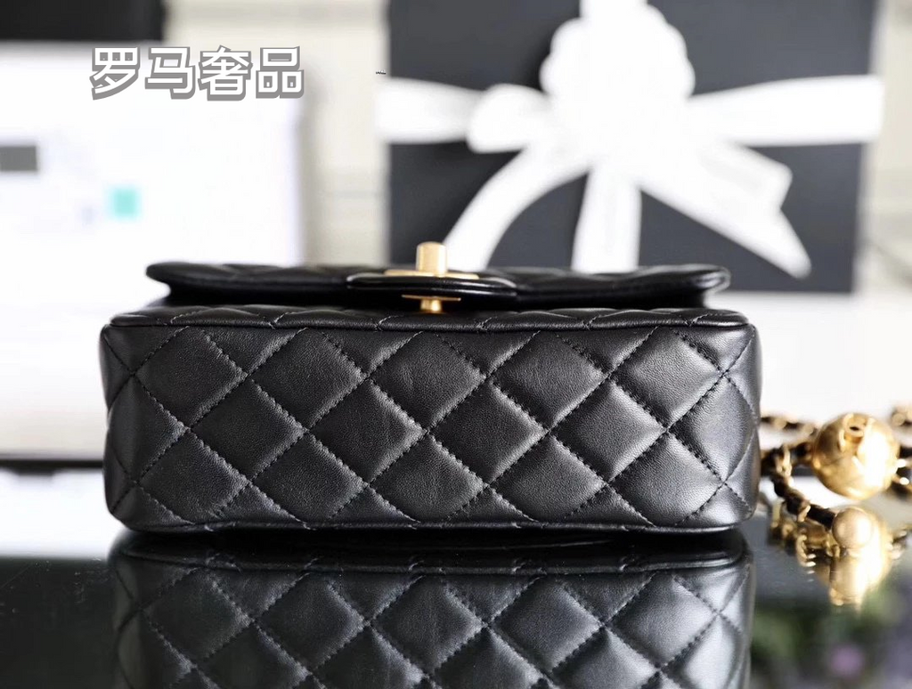 Chanel Mini Rectangular Flap Bag with Pearl Crush Adjustable Chain Black Quilted Lambskin