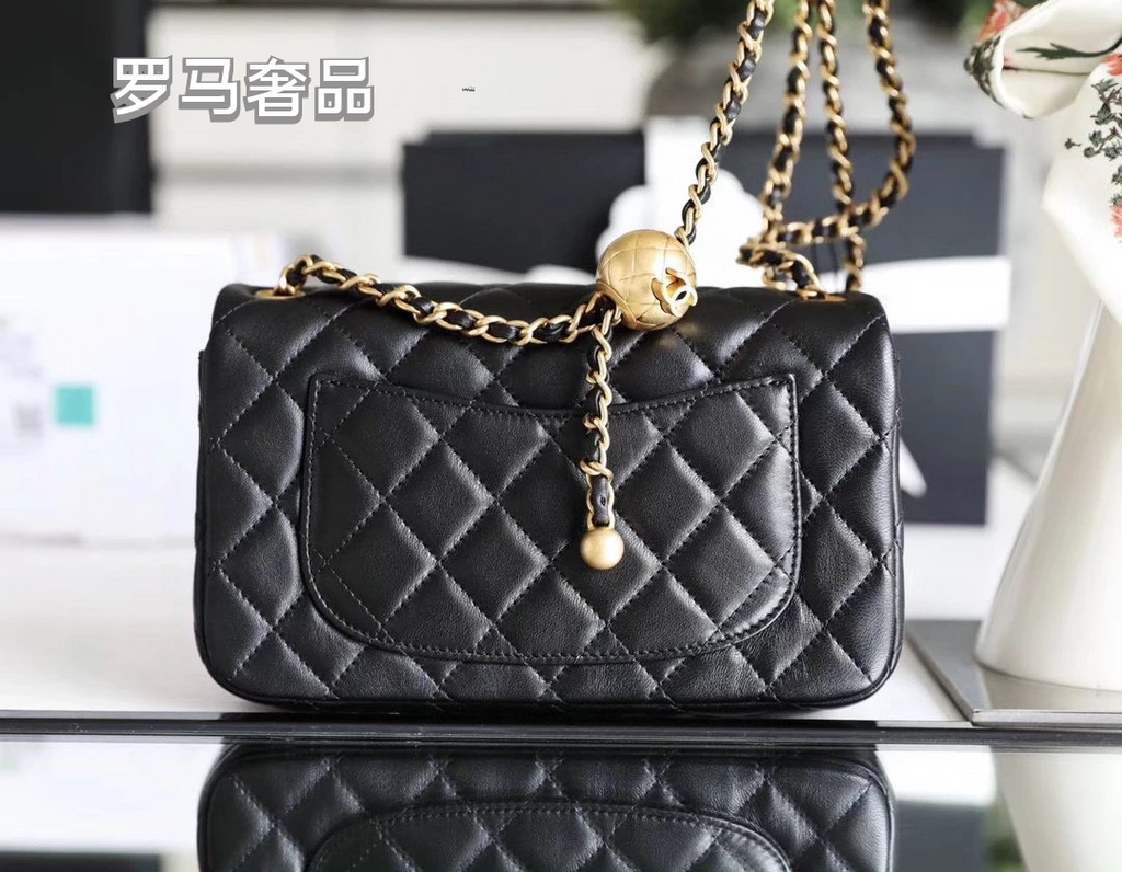 Chanel Mini Rectangular Flap Bag with Pearl Crush Adjustable Chain Black Quilted Lambskin