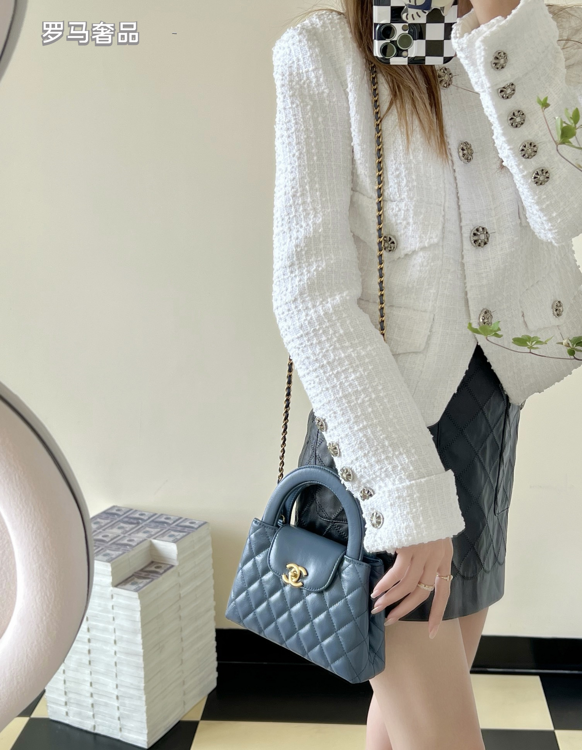 Chanel Quilted Leather Top Handle Flap Bag - Steel Blue with Gold Hardware