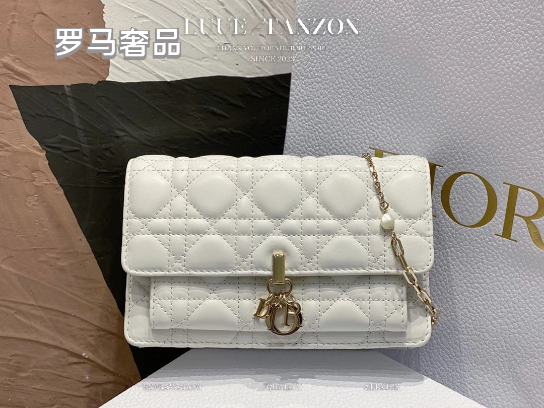 Dior Elegant White Quilted Leather Flap Shoulder Bag with Gold Chain Strap