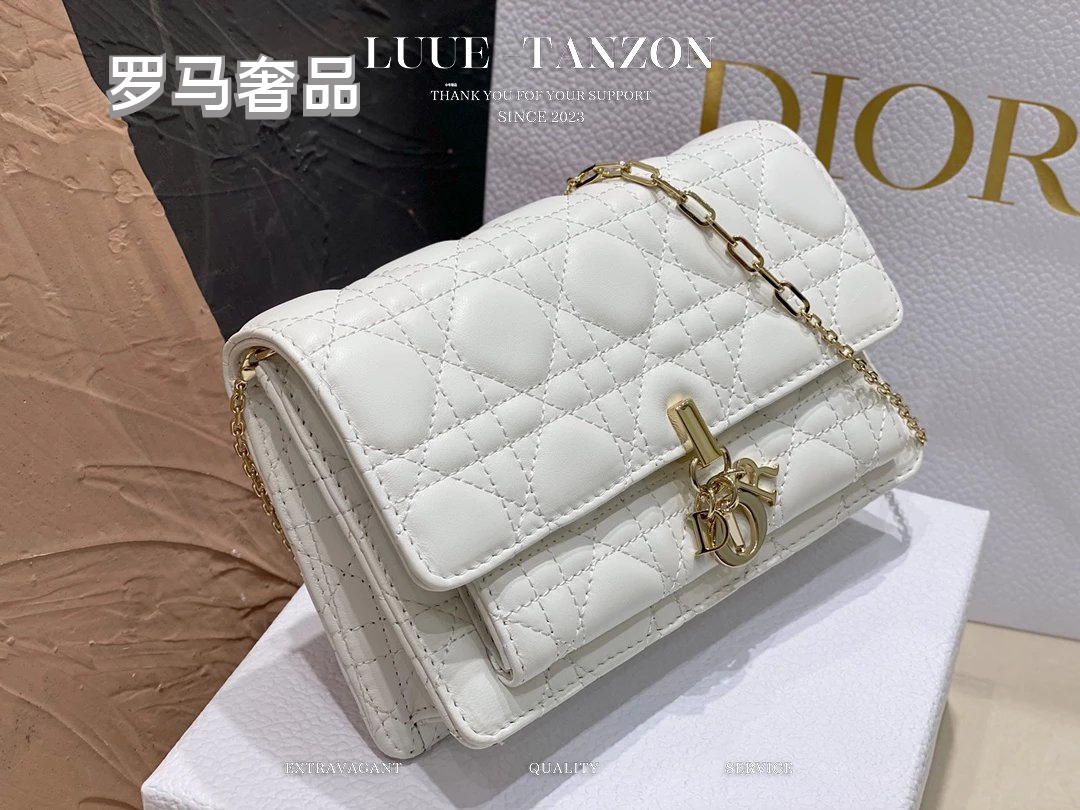 Dior Elegant White Quilted Leather Flap Shoulder Bag with Gold Chain Strap